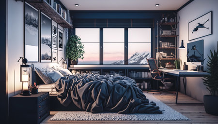 Bedroom interior with large bed and window, generative AI.の写真素材
