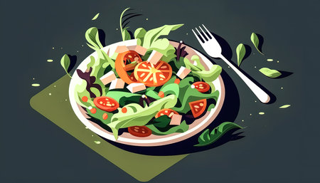 Salad with fresh vegetables on a plate, top view.の写真素材