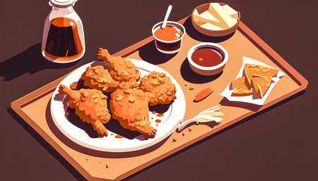 Appetizing cooked chicken and sauces, generative AI.の写真素材