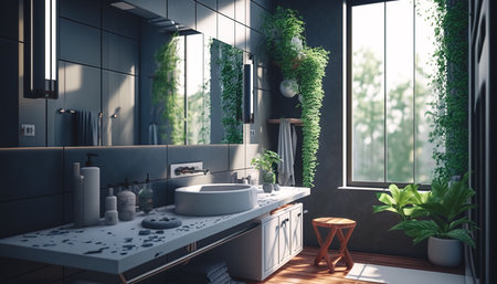 Interior of a modern large bathroom with plants, generative AI.の写真素材