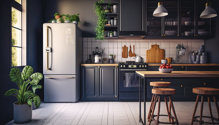 The interior of a spacious modern kitchen, generative AI.の写真素材