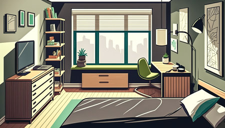 Bedroom interior with large bed and window, generative AI.の写真素材