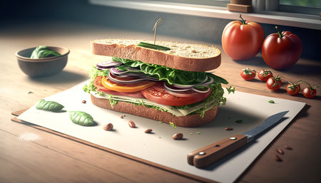 Appetizing sandwich with fresh vegetables, generative AI.の写真素材