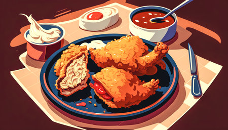 Appetizing cooked chicken and sauces, generative AI.の写真素材