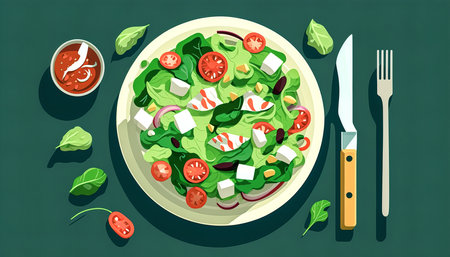 Salad with fresh vegetables on a plate, top view.の写真素材