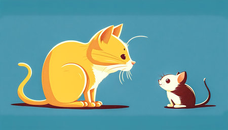 Cat and mouse on a blue background, generative AI.の写真素材