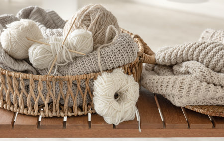 Basket with threads for knitting on a wooden bench in the interior of the room.