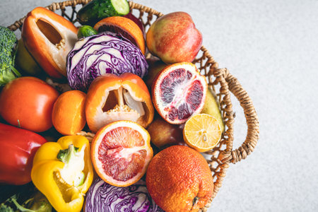 Big basket with fruits and vegetables, close-up.の写真素材