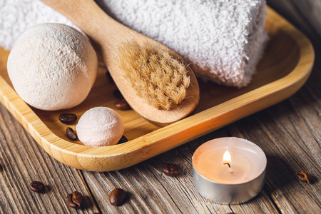 Spa composition with coffee bath bombs and coffee beans.の写真素材