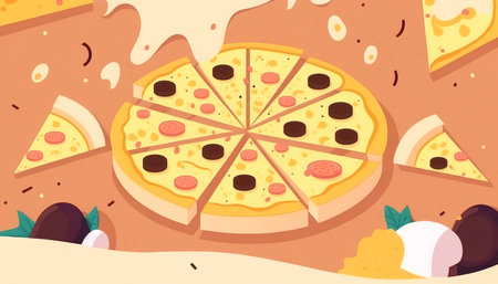 Appetizing cartoon pizza with salami, generative AI.の写真素材