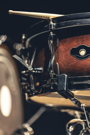 Close-up, snare drum on a dark background isolated.の写真素材