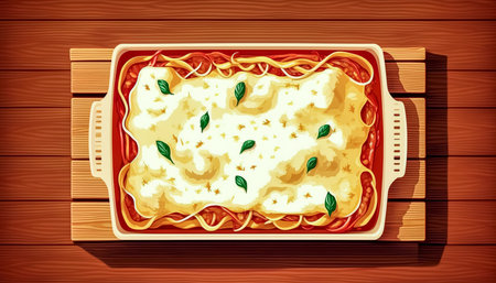 Appetizing lasagna on a wooden background, generative AI.の素材