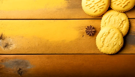 Appetizing cookies on a wooden background, generative AI.の素材