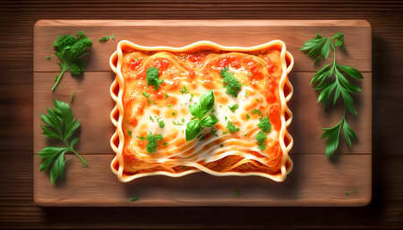 Appetizing lasagna on a wooden background, generative AI.の素材