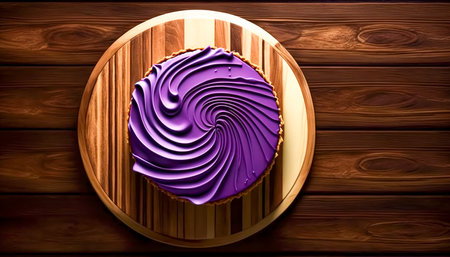Appetizing cake with purple cream on a wooden background, generative AI.の素材