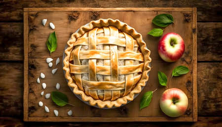 Appetizing apple pie, top view, generative AI.の素材