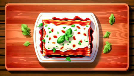 Appetizing lasagna on a wooden background, generative AI.の素材