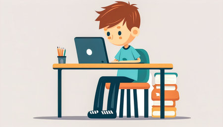 A young guy working on a laptop, creative illustration, generative AI.の素材