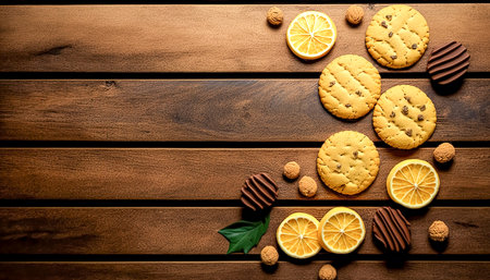 Appetizing cookies on a wooden background, generative AI.の素材