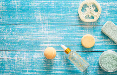 Spa background with items for body hygiene on a blue wooden background.の写真素材