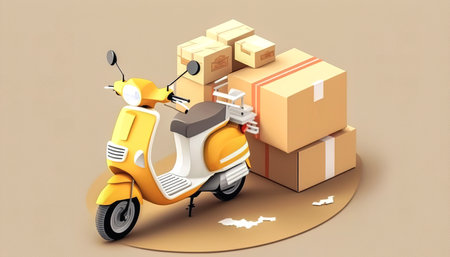 Scooter and cardboard box, delivery concept, generative AI.の素材