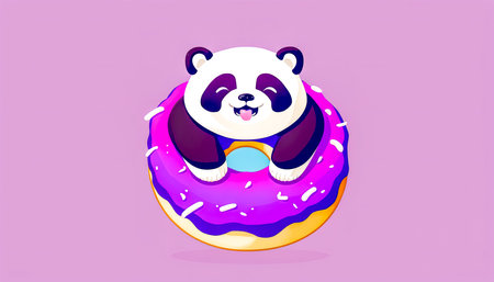 Cartoon illustration with panda and donut, generative AI.の素材
