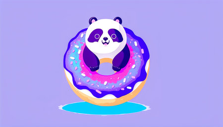 Cartoon illustration with panda and donut, generative AI.の素材