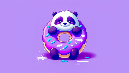 Cartoon illustration with panda and donut, generative AI.の素材