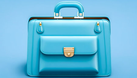 Business briefcase isolated on blue, generative AI.の素材