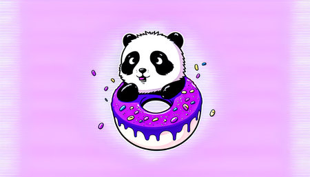 Cartoon illustration with panda and donut, generative AI.の素材
