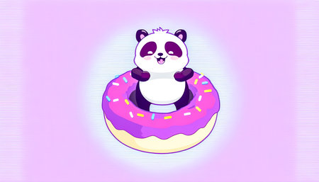 Cartoon illustration with panda and donut, generative AI.の素材