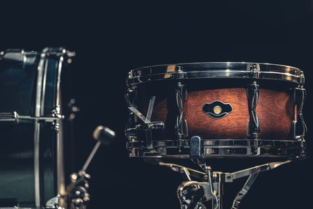 Close-up, snare drum on a dark background isolated.の写真素材