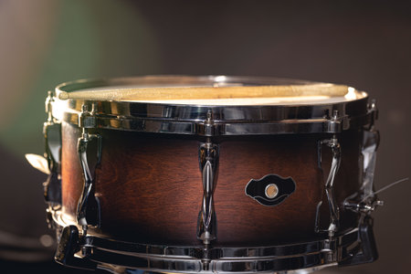 Close-up, snare drum on a dark background isolated.の写真素材