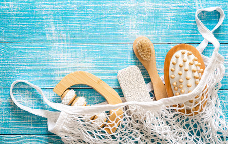 Spa composition with personal care items for body in a shopping bag, top view.の写真素材