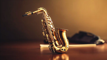 Realistic saxophone on a blurred background, generative AI.の素材