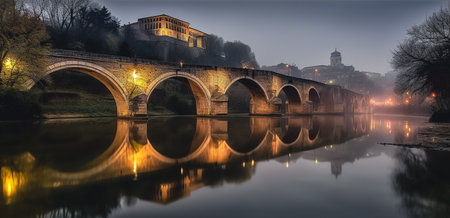 The old stone bridge is illuminated in the evening in a European city.の素材