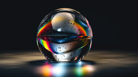 Close-up of a drop of water, the colors of the rainbow are reflected in the water, on a blurred dark background.の素材
