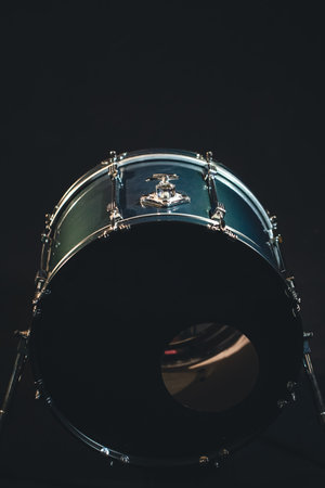 Bass drum, musical instrument on black background.の写真素材