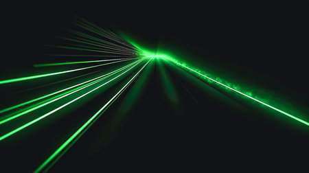 Abstract dark background with glowing soft green lines.の素材