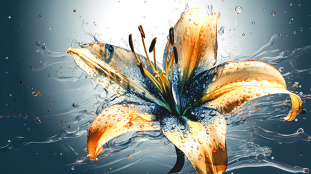 Orange lily flower in raindrops on a blurred background.の素材