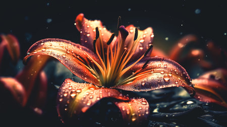 Orange lily flower in raindrops on a blurred dark background in the garden.の素材