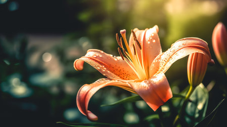 Orange lily flower on a blurred light background in the garden.の素材