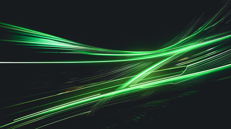 Abstract dark background with glowing soft green lines.の素材