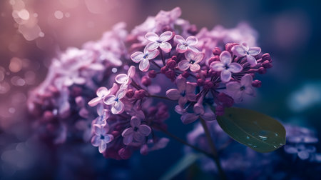 Fresh branches of lilac flowers close-up on a blurred background, spring background.の素材