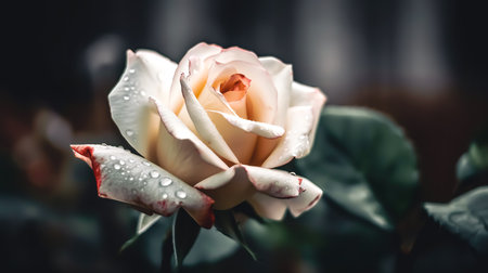 Close-up, a beautiful white rose on a blurred dark soft background.の素材