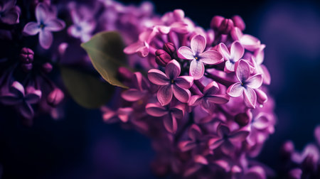 Fresh branches of lilac flowers close-up on a blurred background, spring background.の素材