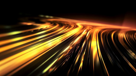 Abstract black background with soft squiggly yellow lines.の素材