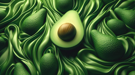 Avocado fruits in satin fabric, creative composition, top view.の素材