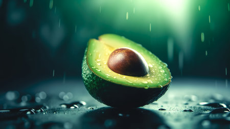 Half of an appetizing avocado with a stone close-up on a blurred dark background under water drops.の素材