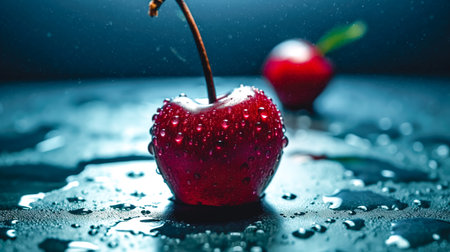 Ripe appetizing wet cherry in water drops on a blurred background, close up.の素材